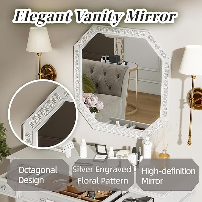 Merax Retro Makeup Vanity Desk with Large Mirror, 39.3 Inch Dressing Table with 3 Drawer for Jewelry Storage, Small Exquisite Console Table for Entryway Living Room Bedroom Hallway Foyer, White