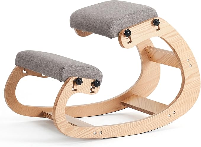 Ergonomic Kneeling Chair,Adjustable Rocking Knee Chair for Home Office,Wooden Office Chair for Back Pain Relief,Grey