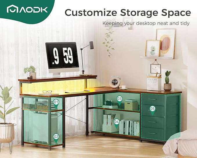 AODK 61" L Shaped Desk with Drawer, Computer Desk with Power Outlets & LED Lights, Reversible Corner Gaming Desks for Home Office Workstation, Office Table with Monitor Shelf, Vintage