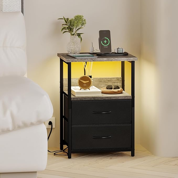 Fixwal Night Stand with Charging Station, LED Nightstand with U-S-B Ports and Outlets, 2 Fabric Storage Drawers with PU Finish, Bed Side Table, Greige
