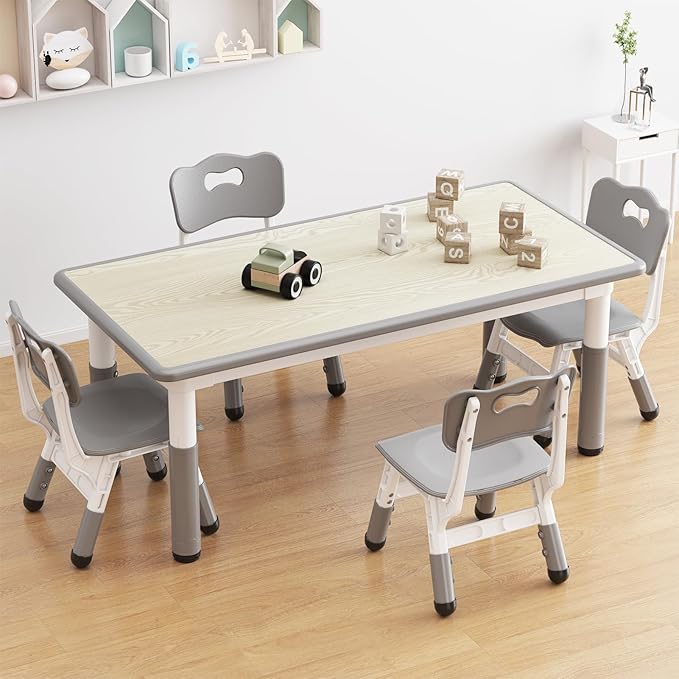 Kids Table and Chair Set, Height Adjustable Toddler Table and 4 Chairs Set for Ages 2-10, Graffiti Desktop, Non-Slip Legs, Arts & Crafts Table, Children Activity Table for Daycare Classroom Home