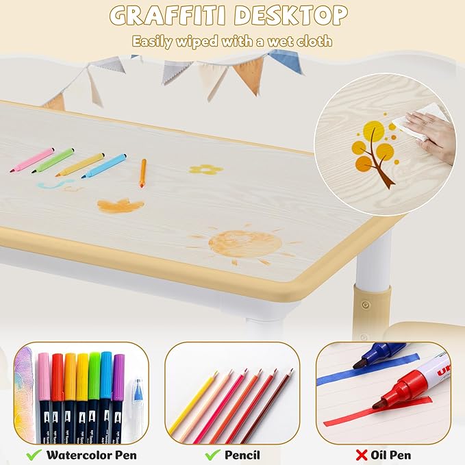 Adjustable Kids Table Chairs Set – Graffiti Desktop, Multi-Activity Height-Adjustable Toddler Study Desk for Ages 3-8 – Ideal for Home, Classroom, Daycare (W-Brown, 4 Chairs-47.2" L x 23.6" W)