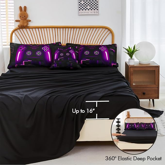 PERFEMET 6 Pieces Gamer Comforter Sets Twin Size Purple Game Console Boys Bed in A Bag 3D Cool Black Gaming Bedding Set for Kids Teen Lightweight Gamepad Bedroom Set(Purple, Twin)