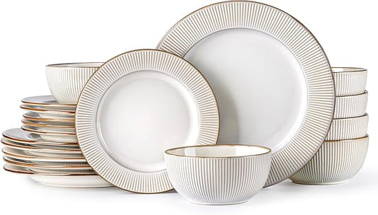 GBHOME Ceramic Dinnerware Sets,18 pcs Embossed Elegant Stoneware Plates and Bowls Sets, Housewarming Wedding Gift | Dishwasher & Microwave Safe | Dishes Set Service for 6