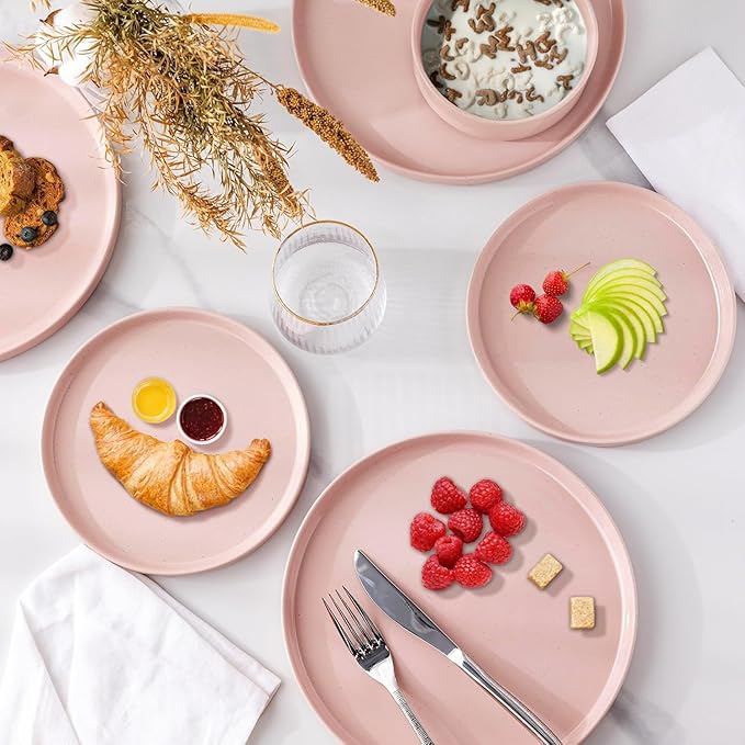 GBHOME Dinnerware Set for 6, 18 Piece Speckled Plates and Bowls Set with Glazed Bottom, Chip & Scratch Resistant Stoneware Plates Sets, Dishwasher & Microwave Safe Dishes (Pink, Service for 6)
