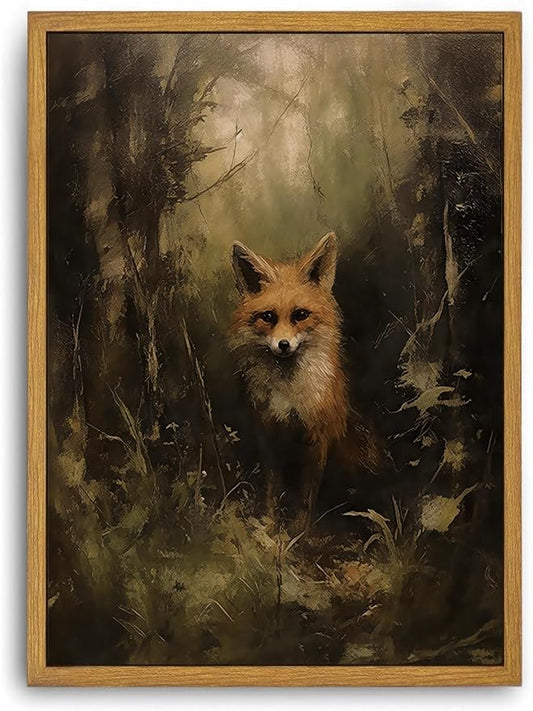 Djmwtb Vintage Framed Wall Art Fox Canvas Wall Art Prints Woodland Animal Painting Forest Pictures Artwork for Living Room Bedroom Bathroom Office 12x16in