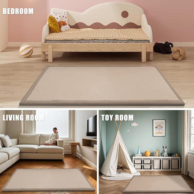 Baby Play Mat for Floor, 1.3" Thick Memory Foam Muscle Playpen Cushion, Soft Coral Velvet Tummy Time Mat with Non-Slip Backing, Water Repellent Child Nursery Rug for Toddlers, Kids (Beige, 39X59)