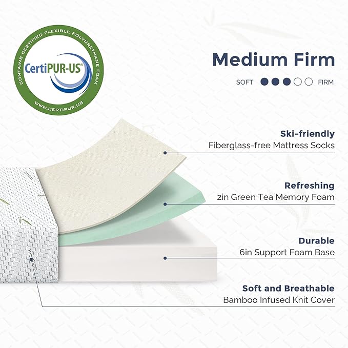 IULULU Full Mattress in a Box, 8 Inch Memory Foam Mattress with Breathable Bamboo Cover, Green Tea Full Size Mattress Made in USA for Cool Sleep, Medium Firm, CertiPUR-US Certified