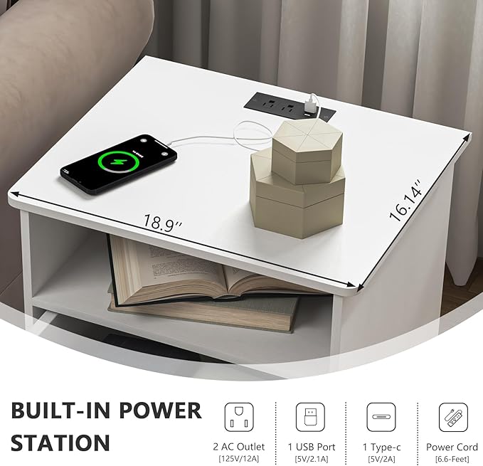 Night Stand with Charger Station, Modern Nightstand with USB Type-C Ports and AC Outlets, Large Bedside Table with 2 Drawers and Open Storage, Wooden End Table for Bedroom (White, 2 Drawers)