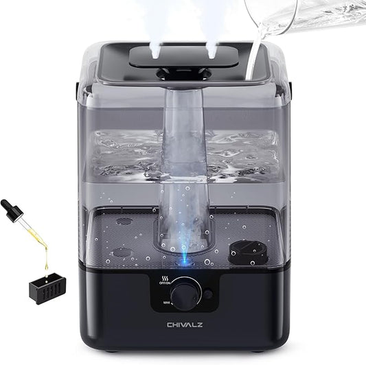 CHIVALZ 6L Humidifiers for Bedroom Large Room Home, Cool Mist Top Fill Humidifiers for Baby Nursery and Plants, 26dB Quiet, Nightlight, Up to 50 Hours, Oil Diffuser 1 Pack + 2 Mist Outlets Black