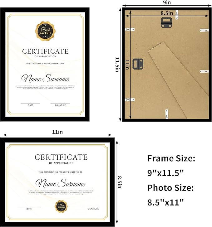 8.5x11 Picture Frame Black, 8.5 by 11 Award Certificate Diploma Document Frames for Wall or Tabletop Display, 5 Pack