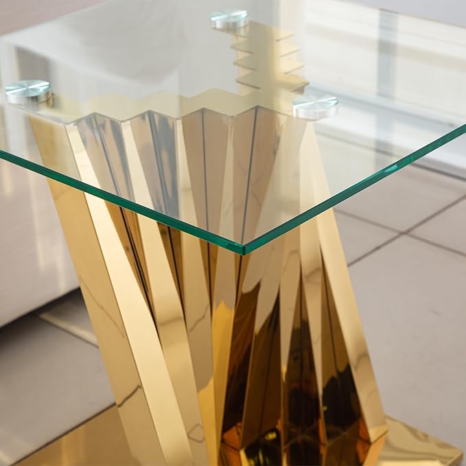 Goujxcy Modern Glass End Table Gold Sofa Side Table with Tempered Glass Top and Mirror Finish Stainless Steel Legs, Luxury Square Sofa Side Table Bedside Table for Living Room Bedroom (Gold)
