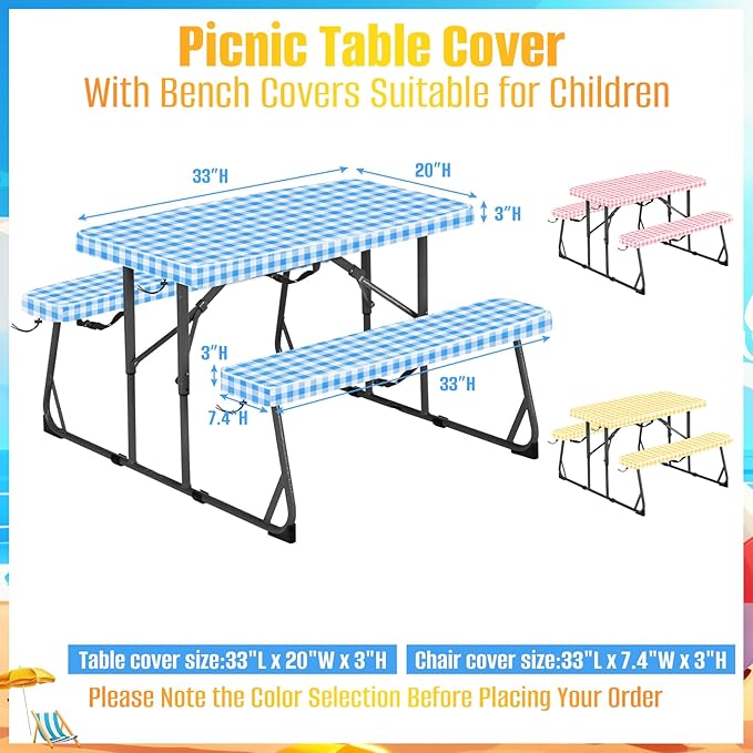 33" L x 20" W x 3" H Bule Grid Picnic Table Cover for Kids, Fitted Tablecloth for Outdoors Oxford Cloth Waterproof Cloth for Camping Home Goods Indoor Outdoor Patio BBQ