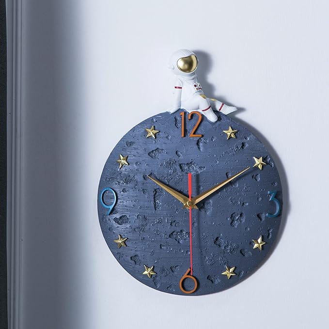 Space Theme Wall Clock, Astronaut Moon Wall Clock, 12 Inch Grey Modern Silent Clock for Kids Room Nursery Living Room Bedroom Kitchen Decor, for Children Boys and Girls Gift
