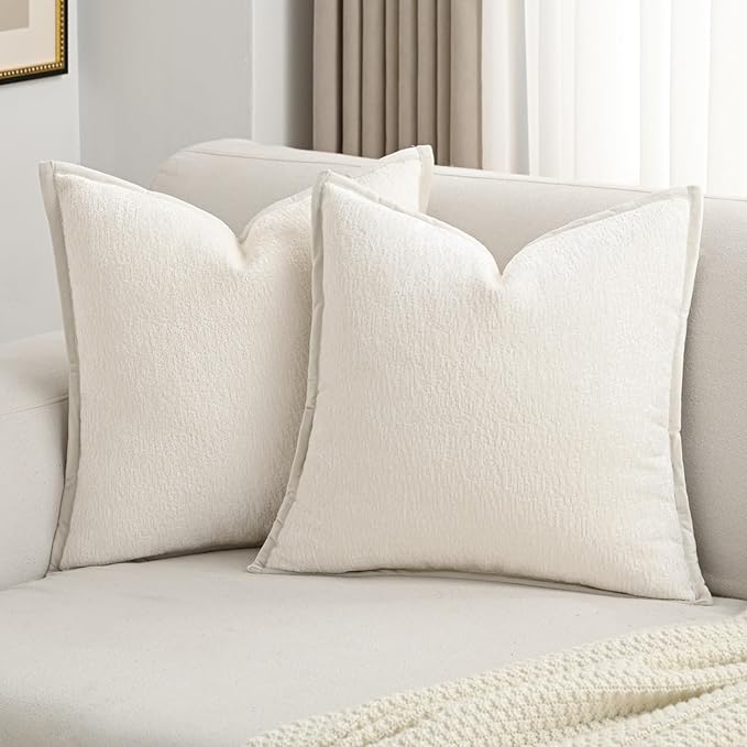 FUTEI Cream White Chenille Throw Pillow Covers 24x24 Inch Set of 2,Soft Cozy Bound Edge Design European Cushion Cover,Home Decor for Couch Bed Living Room