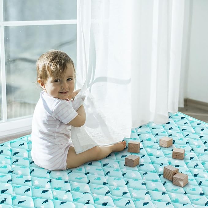 Premium Foam Baby Play Mat 50" X 50" - Non Slip Cushioned, Thick One-Piece Crawling Mat, Easy Clean, Aqua Dinosaur