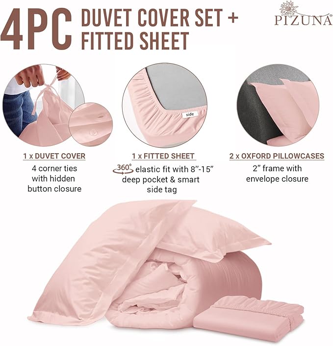 Pizuna 100% Cotton Queen 3 Pc Duvet Cover + 1 Pc Fitted Sheet Set 400 Thread Count Light Pink Sateen Weave Luxurious Long Staple Cotton 4 Piece Bedding Set-1 Duvet Cover,2 Pillow Shams,1 Fitted Sheet
