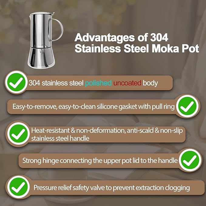Uncoated 4 Cup Moka Pot 304 Thickened Stainless Steel Coffee Maker Stovetop Espresso Coffeemaker Italian Classic Style Brewing Greca Cafe Mocha Machine for Cafeteras Camping Travel Home 200ml 6.6oz