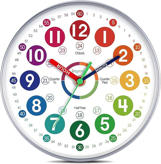 Learning Clock for Kids 12 Inch Learning to Tell Time Easily Colorful Teaching Time Clock Silent Non Ticking Battery Operated Decorative for Classroom School Kids Room Bedroom