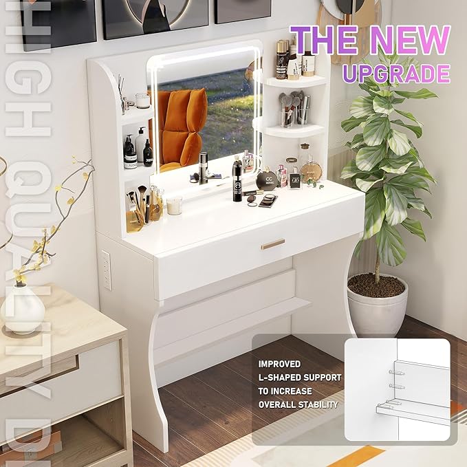 Vanity Desk, Makeup Vanity with Mirror and Lights, White Makeup Vanity Table with Big Drawer, Power Outlet, Stronger Links, for Bedroom, Dressing Room