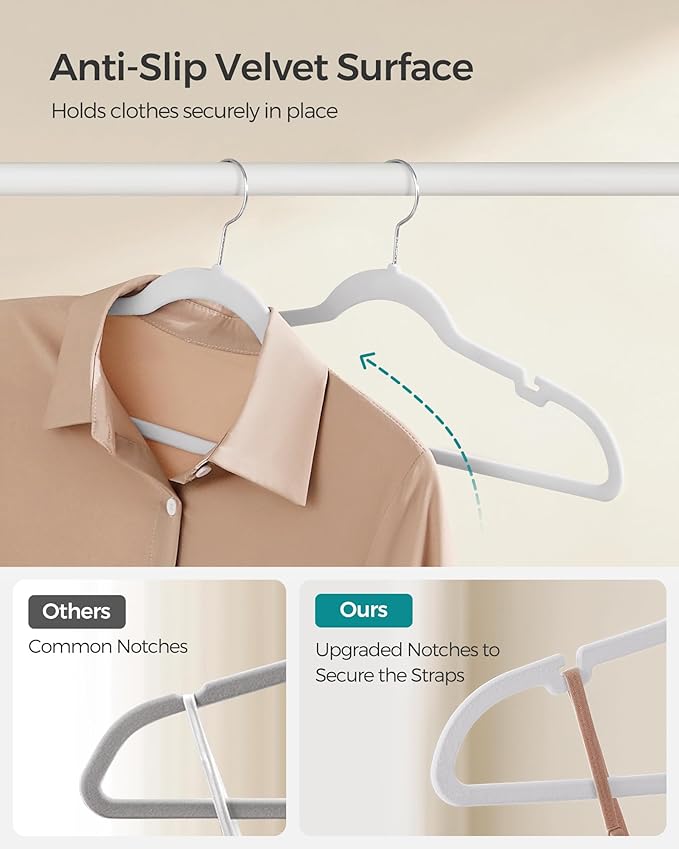 SONGMICS Velvet Hangers 60 Pack, Non-Slip Clothes Hangers, Suit Hangers with Shoulder Notches, Pants Bar, 360° Swivel Hook, Space-Saving, for Closet, Cloud White UCRF030W01