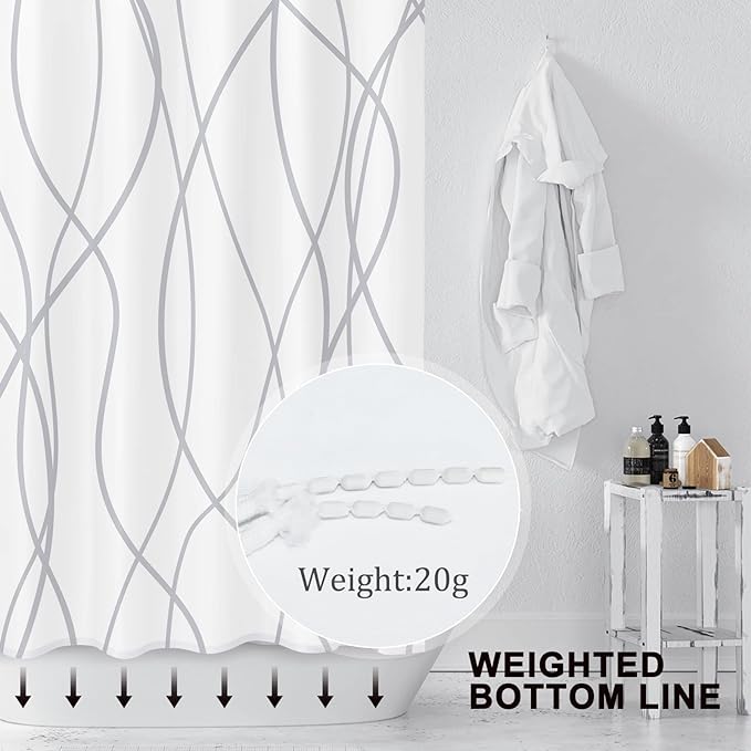 Punkray Grey and White Striped Polyester Shower Curtain for Bathroom with Hooks, Weighted Hem Water Repellent Washable, 60 x 72