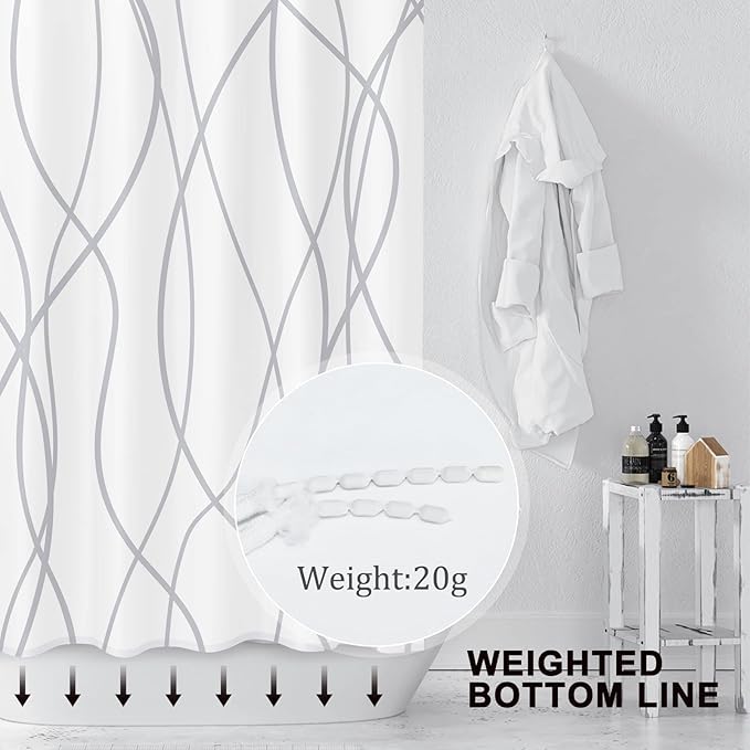 Punkray Grey and White Striped Polyester Shower Curtain for Bathroom with Hooks, Shower Curtains for Bathroom Decor, Waterproof Bath Accessories Hotel Style - Machine Washable 96 x 72