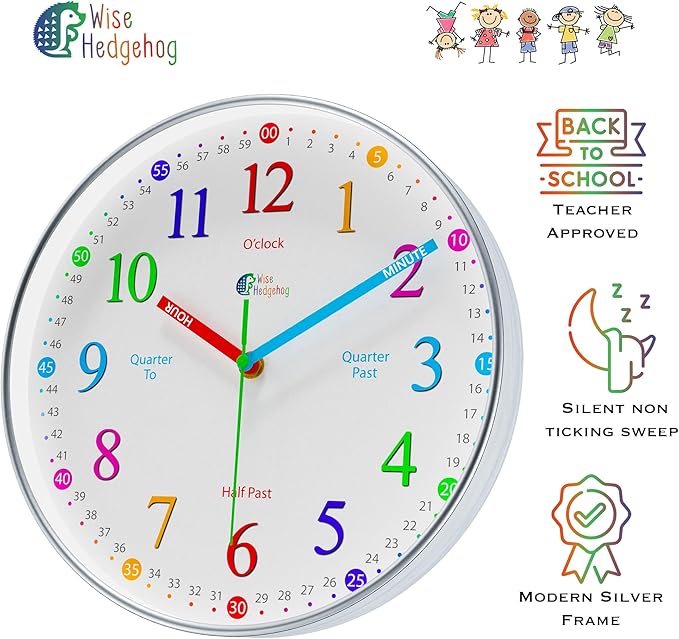 Learning Clock for Kids, Silent Non Ticking, Telling Time Teaching Clock, Kids Room Wall Decor for Bedrooms, Analog Kids Clock for Teaching Time, Kids Learn to Tell Time Easily
