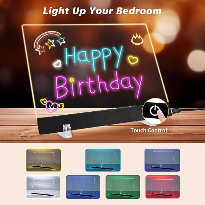 LED Note Board with Colors, 11.8"X7.9" 4 Modes &6 Colors Acrylic Dry Erase Board with Light, Include Adapter, Hanging Chain, Led Drawing Board for Kids with Stand, 7 Markers
