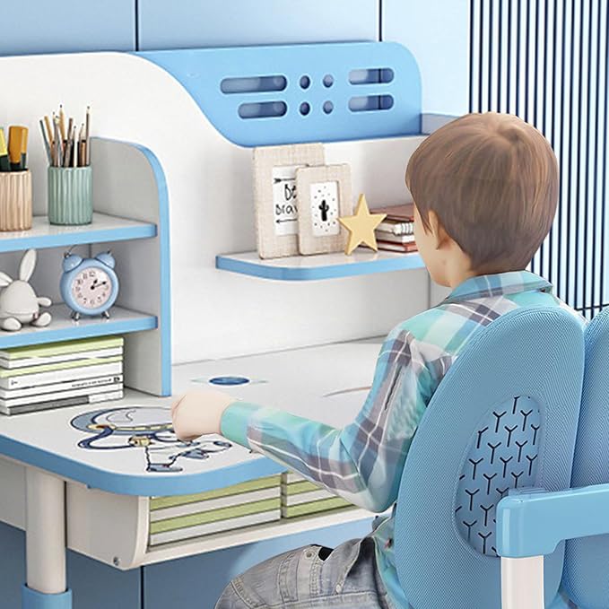 Study Desk with Chair, Height Adjustable Kids Desk and Chair Set, Widened Children Desktop, Children Learning Desk and Chai Set with Spacious Storage Drawer for Boys Girls (Blue-C)