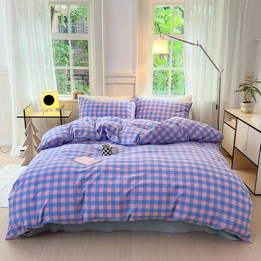 FACE TWO FACE Bedding Duvet Cover Set100% Washed Cotton Duvet Cover Linen Like Textured Breathable Durable Soft Comfy (California King, Blue Purple Grid)