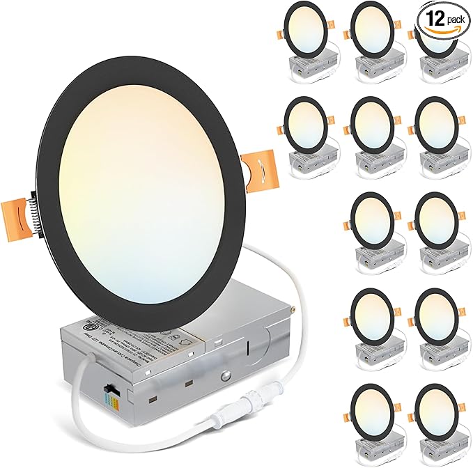 LVWIT 12 Pack 6 Inch LED Recessed Ceiling Light with Junction Box, 13W 5CCT Ultra-Thin Dimmable Can Lights, High Brightness, Canless Wafer Downlight for Kitchen Hallway Dining Room, ETL&FCC