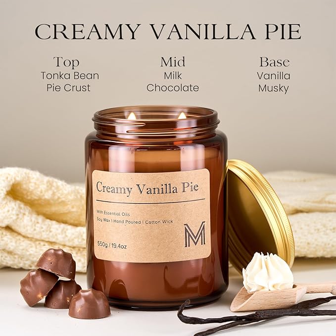 M&SENSE Creamy Vanilla Pie Home Scented Candle | 19.4oz, 116-Hour Burn | Natural Organic Soy Wax | Long-Lasting for Stress Relief and Gifting | for Bedroom，Relaxing SPA，Office