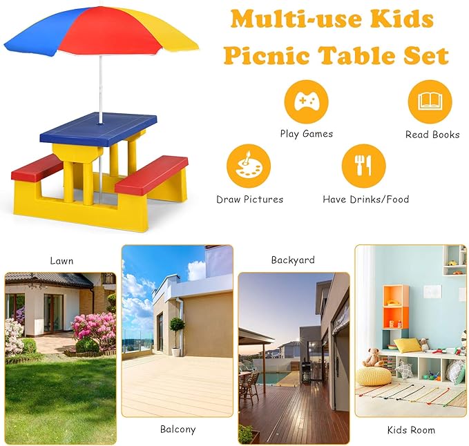 Costzon Kids Picnic Table, Indoor & Outdoor Table and Bench with Removable Umbrella, Portable Toddler Picnic Table and Chair Set for Garden, Backyard, Patio