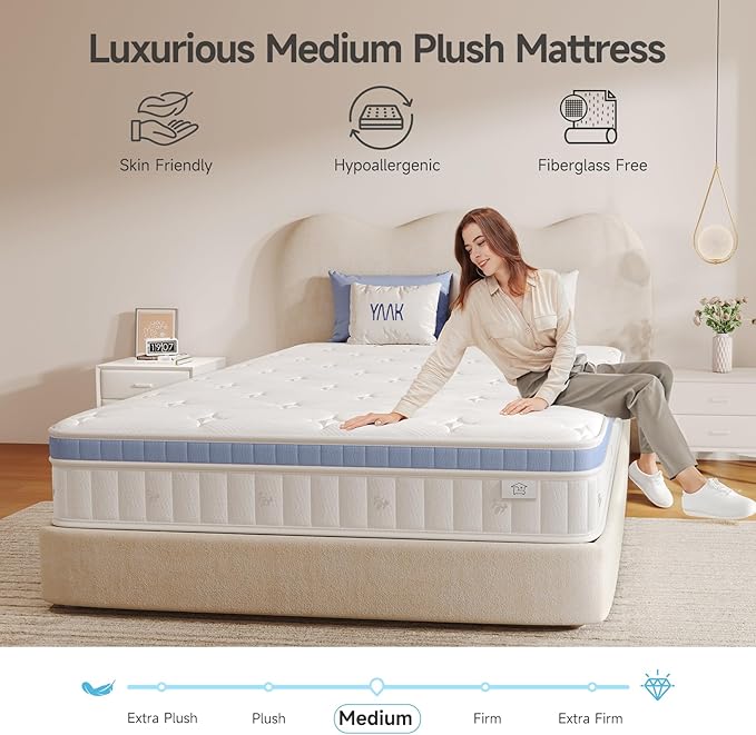 Queen Mattress 10 Inch, Hybrid Mattress Plush in a Box,Individual Pocket Spring Queen Size Bed with Breathable Memory Foam, Pressure Relief, Medium Firm Back Support for Adults