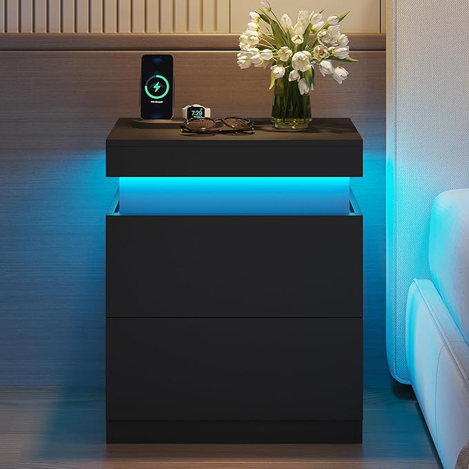 ADORNEVE Black Nightstand Set of 2,Night Stand with Charging Station & LED Light & Sliding Top,Bedside Table with Drawers,Modern Bed Side Tables Bedroom