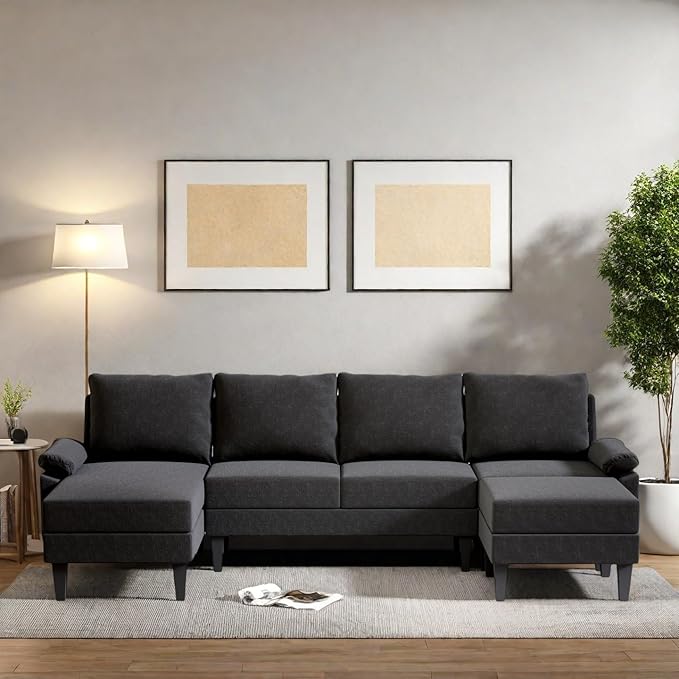 FONTOI 115 Inch U Shaped Sectional Couch with Chaise, 5-Seat Sofa with Moveable Ottoman, Modern Modular Sofa for Living Room, Apartment, Black
