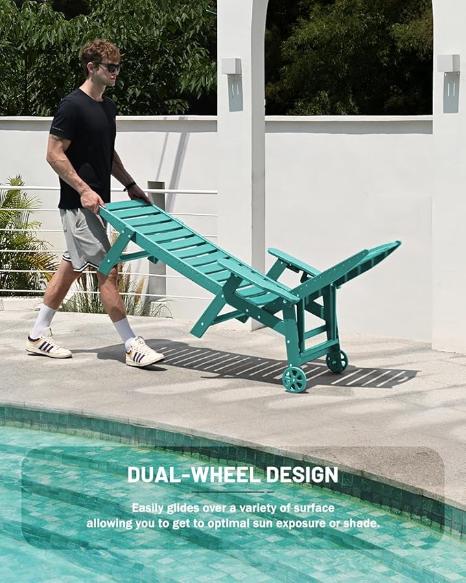 Lounge Chair Outdoor, Chaise Lounge, HDPE 6-Position Outdoor Chaise Lounge, Patio Lounge Chair with Wheels & Cup Holder for Pool Poolside Deck Backyard, Lake Blue