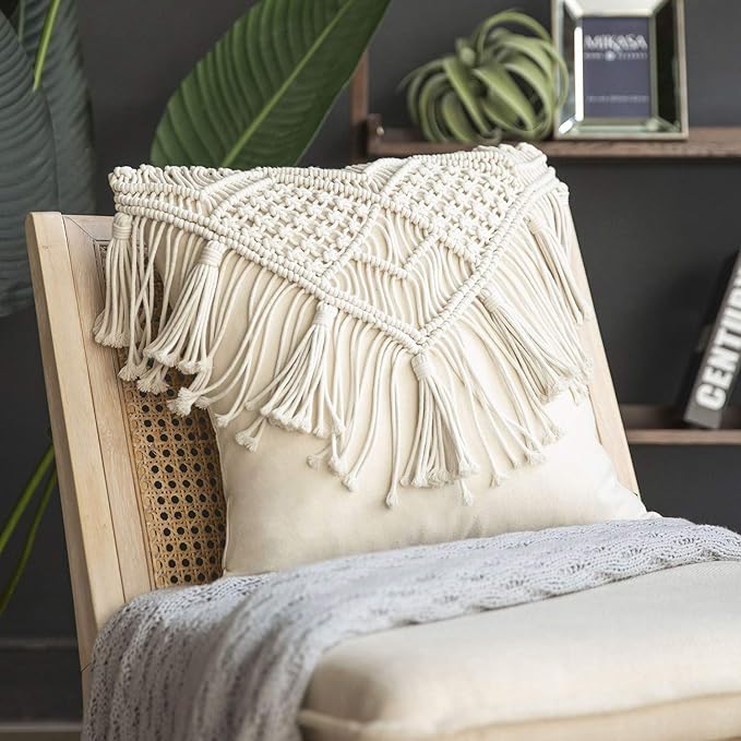 Phantoscope 100% Cotton Handmade Crochet Woven Boho Throw Pillow Farmhouse Pillow Insert Included Decorative Cushion for Couch Sofa Off White 18 x 18 inches