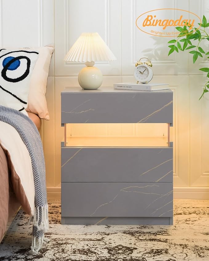 Bingoday LED Nightstands LED Bedside Tables with 3 Drawers Night Stand with Acrylic Board Modern LED Nightstand