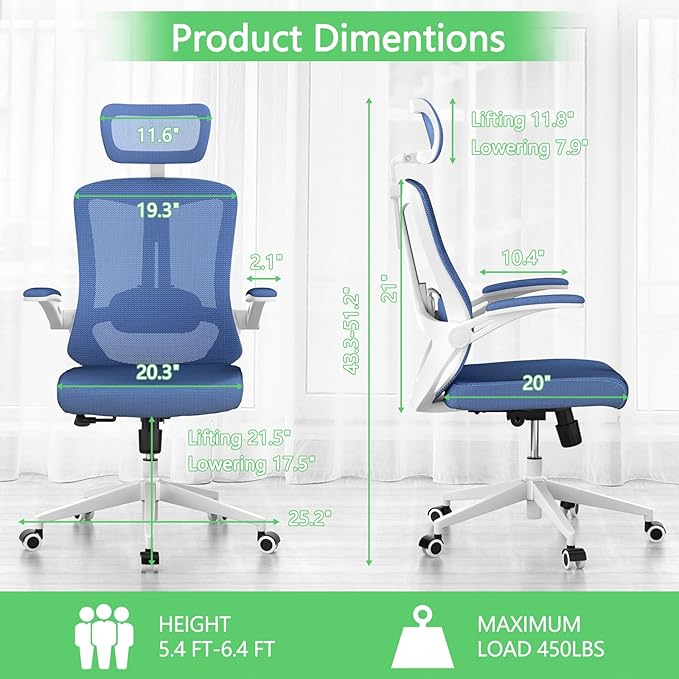 Home Office Chair,Ergonomic Big and Tall Office Desk Chair with Flip-up Arms/Headrest/Adjustable Lumbar Support/Tilt Function/450 lbs Heavy Duty Office Chair-Mesh （Blue）
