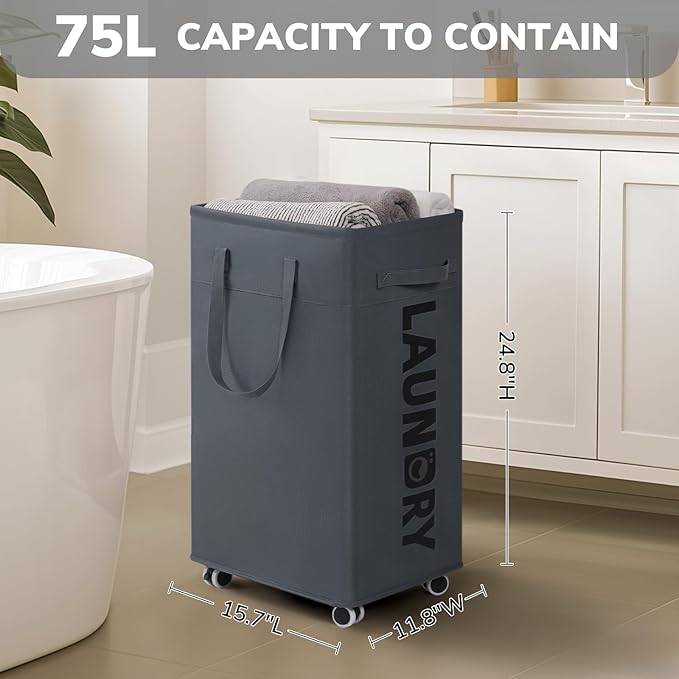 Goodpick Laundry Basket with Wheels, 75L Laundry Hamper, Dorm Room Essentials with Removable Wash Bag for Laundry Room, Rolling Laundry Basket with Handles, Grey