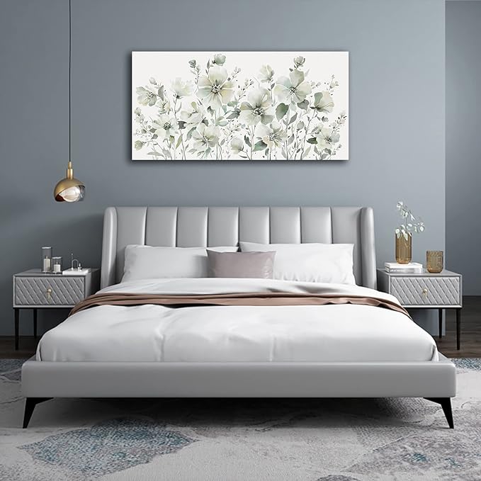 Elegant Flowers Wall Art Abstract Floral Pictures Wall Decor Modern Green Botanical Canvas Painting Flower Blossom Canvas Print Artwork for Living Room Bedroom Office Home Wall Decoration 24" x 48"