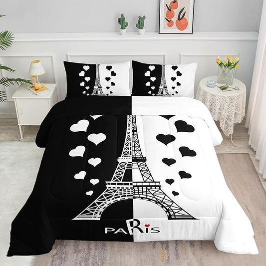 Kids Comforter Set Eiffel Tower Printed Pattern Bedding Set with 1 Comforter and 2 Pillowcases for Girls Boys Bedroom All Season(Tower1 Full)