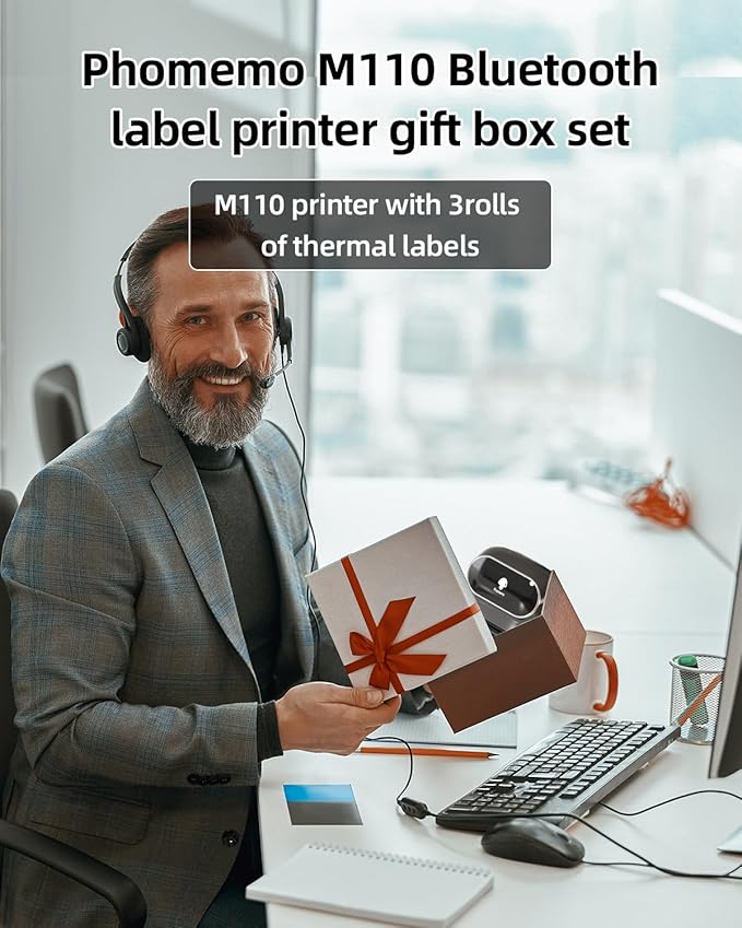 Phomemo M110 Label Makers- with 3 Rolls Labels, Barcode Label Printer Thermal Bluetooth Portable Printer for Small Business, Address, Logo, Clothing, Mailing, Sticker Printers for Phone & PC, Gray