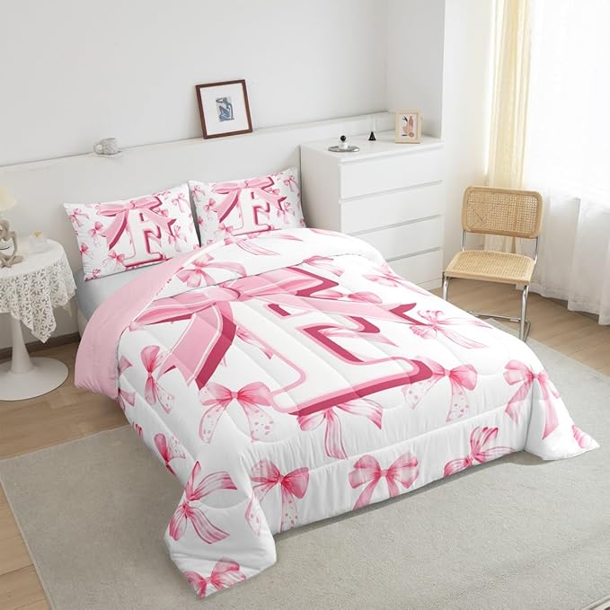 jejeloiu Kids Girls Cute Pink Bow Comforter Set King Size Monogrammed Bedding Set Ultra Soft Personalized Initial F Duvet Quilt Coquette Bow Knot Quilt Set Room Decor Modern Fashion Comforter