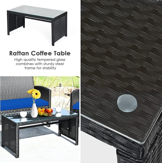 Tangkula 8 Pieces Patio Wicker Conversation Furniture Set, Patiojoy Sofa & Table Set w/4 Seats, Outdoor Rattan Sofa Set for Balcony Backyard, Wicker Chair Set with Tempered Glass Coffee Table