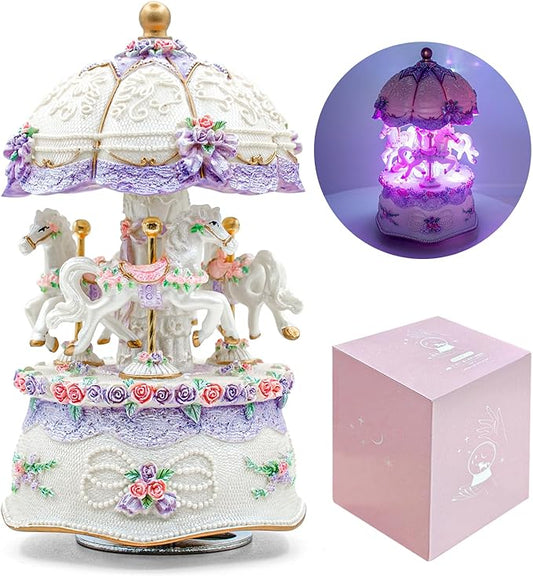 Carousel Music Box，Luxury Color Change LED Light Music Box,Luminous Rotating 3-Horse Musical Box with Gift Box for Girls Birthday Valentine Gift (Castle in The Sky, Purple)