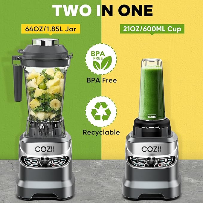 COZII Professional Plus Blender,2000W Peak Watts,Countertop Blenders for Kitchen, 64 Oz Pitcher/21-Oz To-go Cup,7 Preset Programs and Total Crushing Technology for for Smoothies Ice and Frozen Fruit