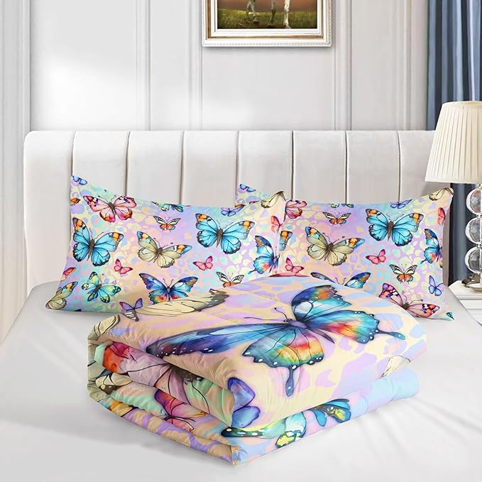 Kids Comforter Set Butterfly Printed Pattern Bedding Set with 1 Comforter and 2 Pillowcases for Girls Boys Bedroom All Season(Butterfly0 Full)
